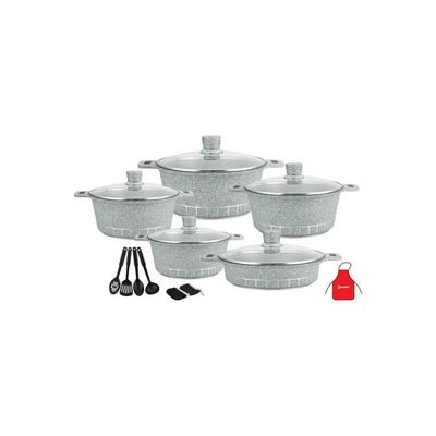 17-Piece Granite Cookware Set Includes 1xCasserole With Lid 20cm, 1xCsserole With Lid 24cm, 1xCasserole With Lid  28cm, 1xCasserole With Lid 32cm, 1xShallow Casserole With Lid 28cm, 7xCooking Tools Grey