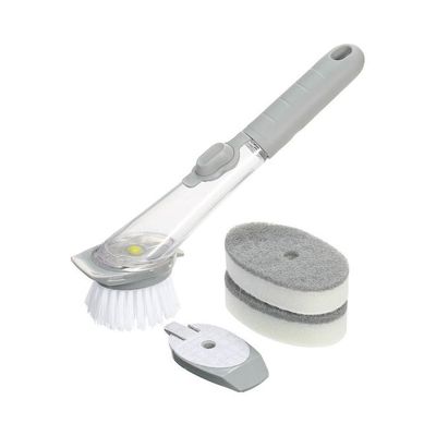 Soap Dispensing Dish Brush with 1 Handle 3 Brush Heads Household Kitchen Washing Cleaning Tool for Pans Pots Sink grey 26.50*6.50*11.00cm