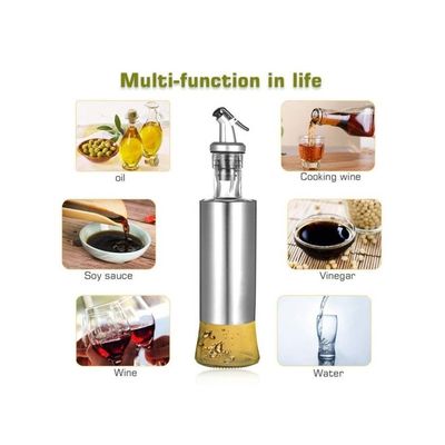 Olive Oil Dispenser Glass and Stainless Steel Bottle Drizzler Vinegar Silver