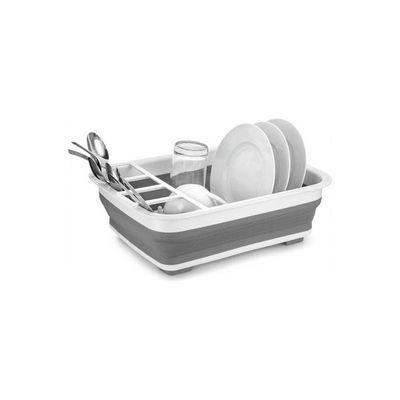 Easy Storage Collapsible Dish Rack And Drainer With Cutlery Holder Grey/White