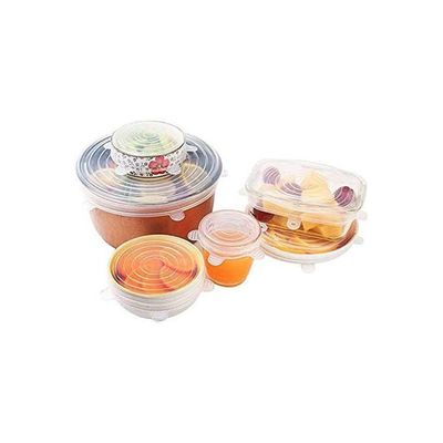 6Pcs- Set Reusable Universal Silicone Saran Wrap Cover Lids Food Bowl Pot Stretch Kitchen Vacuum Seal Bowls Clear