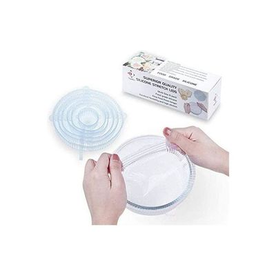 6Pcs- Set Reusable Universal Silicone Saran Wrap Cover Lids Food Bowl Pot Stretch Kitchen Vacuum Seal Bowls Clear