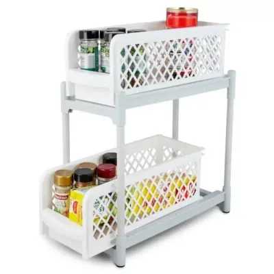 Portable 2 Tier Basket Drawer Kitchen And Bathroom Cabinets White