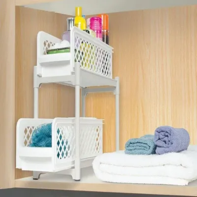 Portable 2 Tier Basket Drawer Kitchen And Bathroom Cabinets White