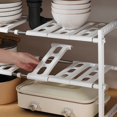 2-Tiers Expandable Kitchen Storage Rack White 15x10x27inch