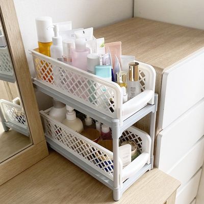 2-Tier Portable Basket Drawers Organizer Off White/Grey 2L