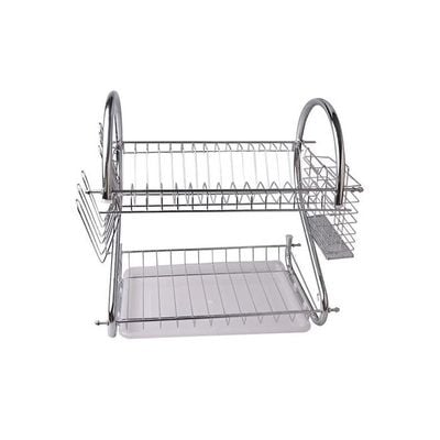 2-Tier Dish Drying Rack With Drain Board Silver/White