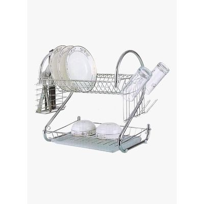 2-Tier Dish Drying Rack With Drain Board Silver/White