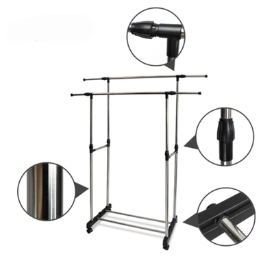 Clothes Double Pole  Portable Rack Hanger Extendable Rolling Garments Multicolour