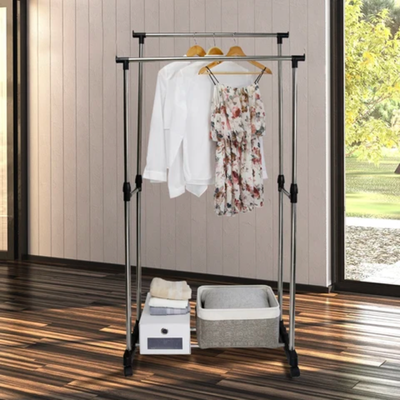 Clothes Double Pole  Portable Rack Hanger Extendable Rolling Garments Multicolour