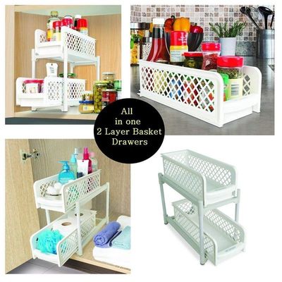 Portable 2 Tier Basket Drawer Kitchen And Bathroom Cabinets White