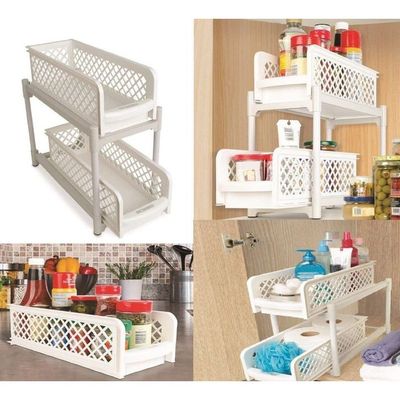 Portable 2 Tier Basket Drawer Kitchen And Bathroom Cabinets White