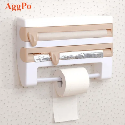 4 In 1 Kitchen Roll Holder Dispenser Rack Storage Wall Mounted Roll Dispenser Cling Film Tin Foil Paper Spice Bottle Towel Rack White/Beige