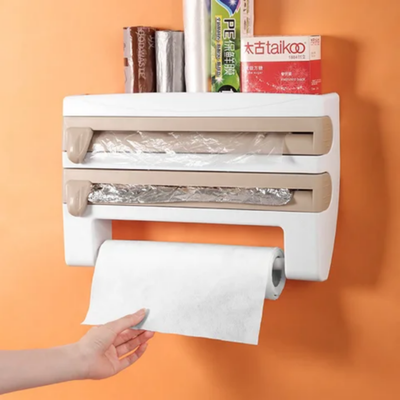 4 In 1 Kitchen Roll Holder Dispenser Rack Storage Wall Mounted Roll Dispenser Cling Film Tin Foil Paper Spice Bottle Towel Rack White/Beige