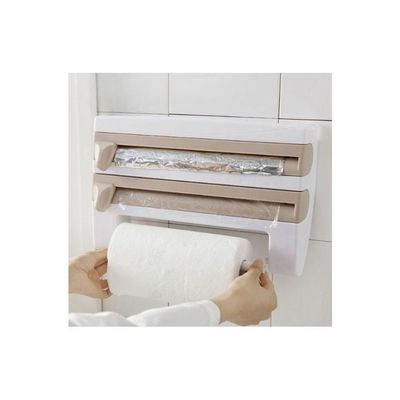 4 In 1 Kitchen Roll Holder Dispenser Rack Storage Wall Mounted Roll Dispenser Cling Film Tin Foil Paper Spice Bottle Towel Rack White/Beige