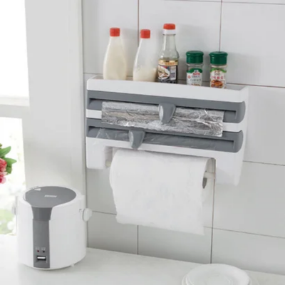 Kitchen Organizer Cling Film Sauce Bottle Storage Rack Tin Foil Paper Towel Holder Kitchen Shelf Plastic Wrap Cutting Grey/White