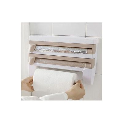 Wall Mounted Roll Dispenser For Tin Foil- Cling Film Kitchen Paper Spice Bottles Towel Holder Rack White/Beige