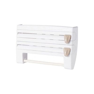 4 In 1 Wall Mounted Multi-Fuctional Kitchen Storage Holder Rack For Paper Towel / Cling Film / Tin Foil Dispenser With Cutter White/Beige
