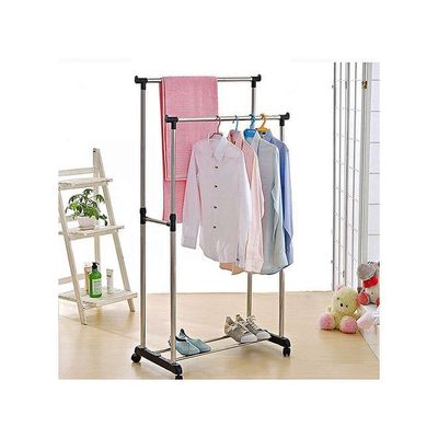 Double Pole Portable Clothes Rack Hanger Extendable Rolling For Clothes Multicolour