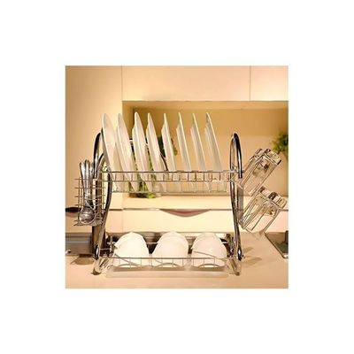 2-Layer Stainless Steel Dish Rack Silver 38.5x24.5x36.5centimeter