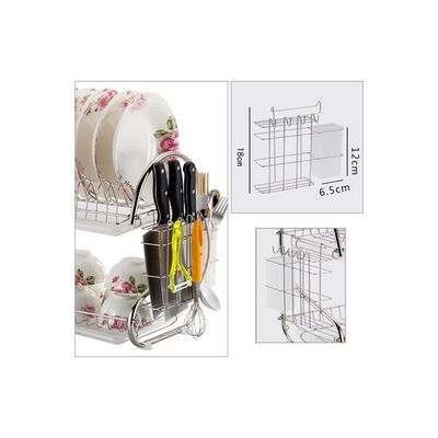 Double-Layer Kitchen Dish Rack With Cup Holder And Knife Holder Silver 1.86kg