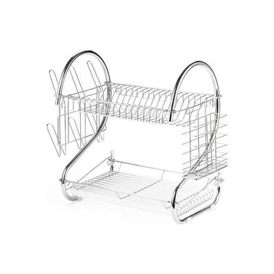 Double-Layer Kitchen Dish Rack With Cup Holder And Knife Holder Silver 1.86kg