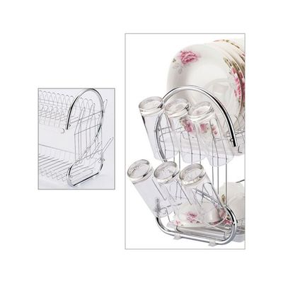 Double-Layer Kitchen Dish Rack With Cup Holder And Knife Holder Silver 1.86kg