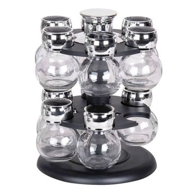 16-Piece Round Rotating Glass Jar Rack Set Black