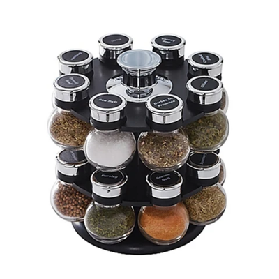 16-Piece Round Rotating Glass Jar Rack Set Black