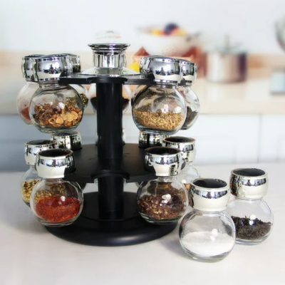 16-Piece Round Rotating Glass Jar Rack Set Black