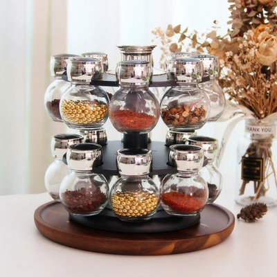 16-Piece Round Rotating Glass Jar Rack Set Black