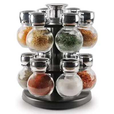 16-Piece Round Rotating Glass Jar Rack Set Black