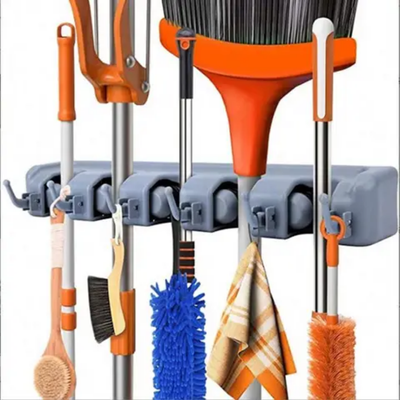 Mop And Broom Holder, Garden Tool Organizer, Multipurpose Wall Mounted 5 Ball Slots With 6 Hooks Storage Rack Blue