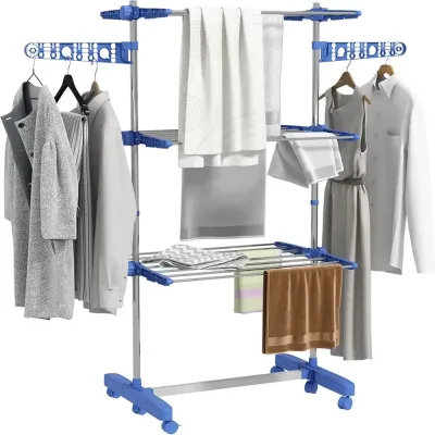 Three Layer Clothes Rack Hanger With Wheels White/Blue Medium Blue One Size