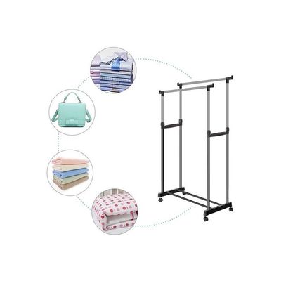 Double Pole Clothes Portable Rack Silver/Black 84.5x43centimeter