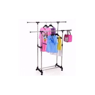 Double Pole Extendable Clothes Rack Hanger Silver