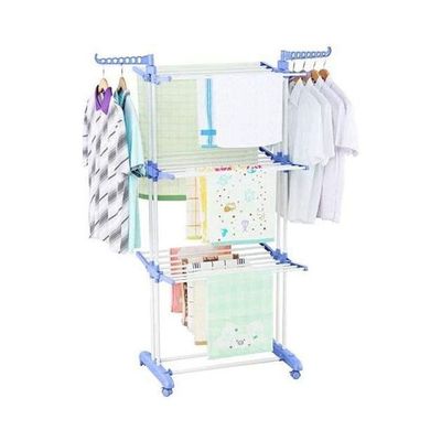 Blossoms Foldable Clothes Laundry Drying Rack With Fordable Wings Shape Standing Airfoil-Style Rack Hanging Rods 3 Layer & Four 360 Degree Wheels Blue-Silver 170*126cm
