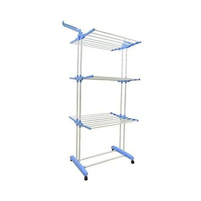 Blossoms Foldable Clothes Laundry Drying Rack With Fordable Wings Shape Standing Airfoil-Style Rack Hanging Rods 3 Layer & Four 360 Degree Wheels Blue-Silver 170*126cm