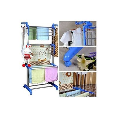 Blossoms Foldable Clothes Laundry Drying Rack With Fordable Wings Shape Standing Airfoil-Style Rack Hanging Rods 3 Layer & Four 360 Degree Wheels Blue-Silver 170*126cm