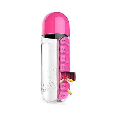 Plastic Water Bottle With Daily Pill Box Organizer Drinking Bottles Pink 600ml