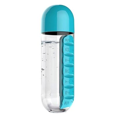 Free Convenient Water Bottle With Daily Pill Box Clear/Blue