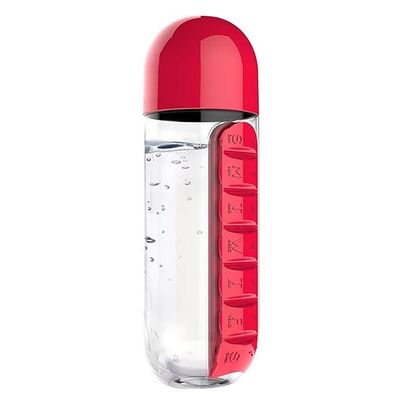 Free Convenient Water Bottle With Daily Pill Box Clear/Red