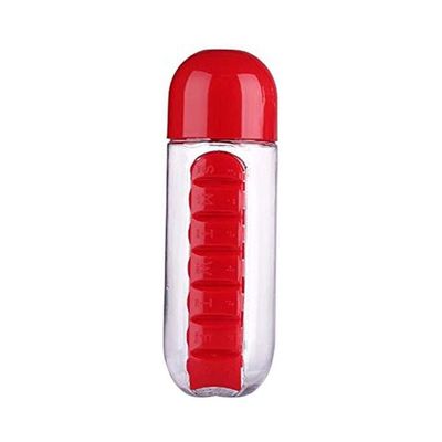 2-In-1 Water Bottle With Pill Organizer Red 24.2x8.4x8.2centimeter