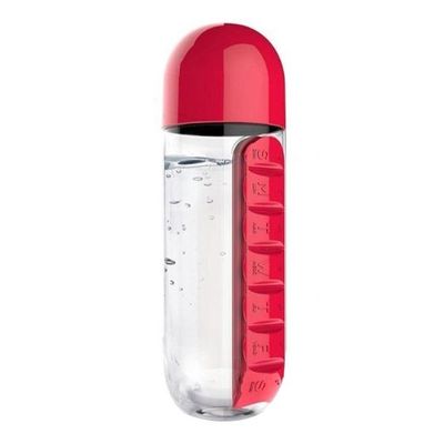 2-In-1 Portable Water Bottle With Pill Case Red/Clear
