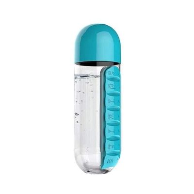 Water Bottle With Pill Case Organizer Blue/Clear 600ml