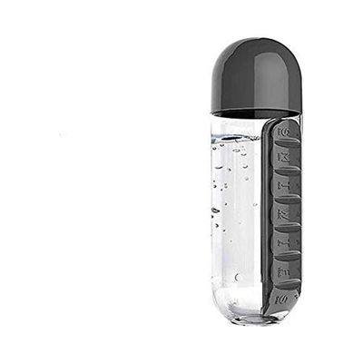 Plastic Water Bottle With Daily Pill Box Organizer Drinking Bottles Black 600ml
