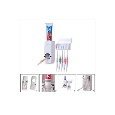 Wall Mount Toothpaste Dispenser With 5-Toothbrush Holder Set White