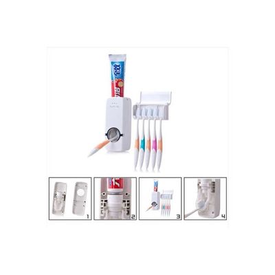 Wall Mount Toothpaste Dispenser With 5-Toothbrush Holder Set White