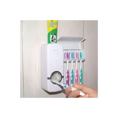 Wall Mount Toothpaste Dispenser With 5-Toothbrush Holder Set White