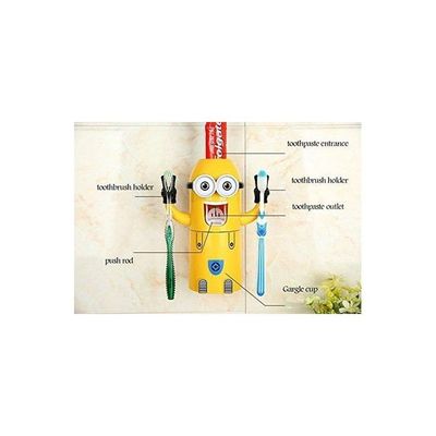 Toothpaste Dispenser With Dual Toothbrush Holder Yellow